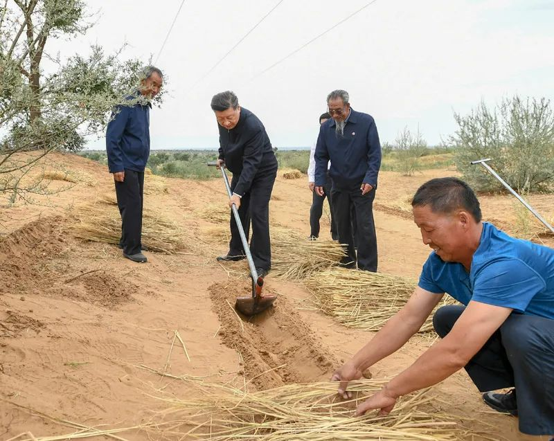 2019年8月21日，習近平來到甘肅省武威市古浪縣八步沙林場，實地察看當?shù)刂紊吃炝帧⑸鷳B(tài)保護等情況。新華社記者 謝環(huán)馳 攝